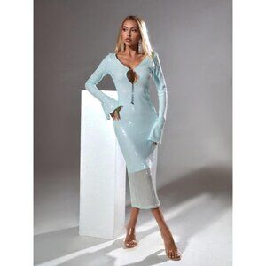 Mew Mews NWT Sian Long Sleeve Sequin Backless Midi Dress In Teal size Small